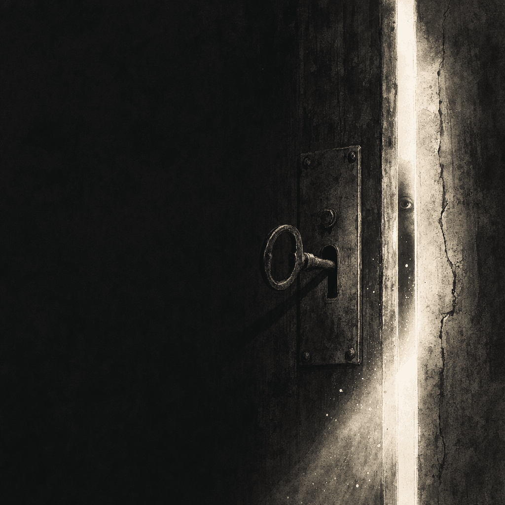 A heavy door ajar with a key in the lock, light spilling through the gap.