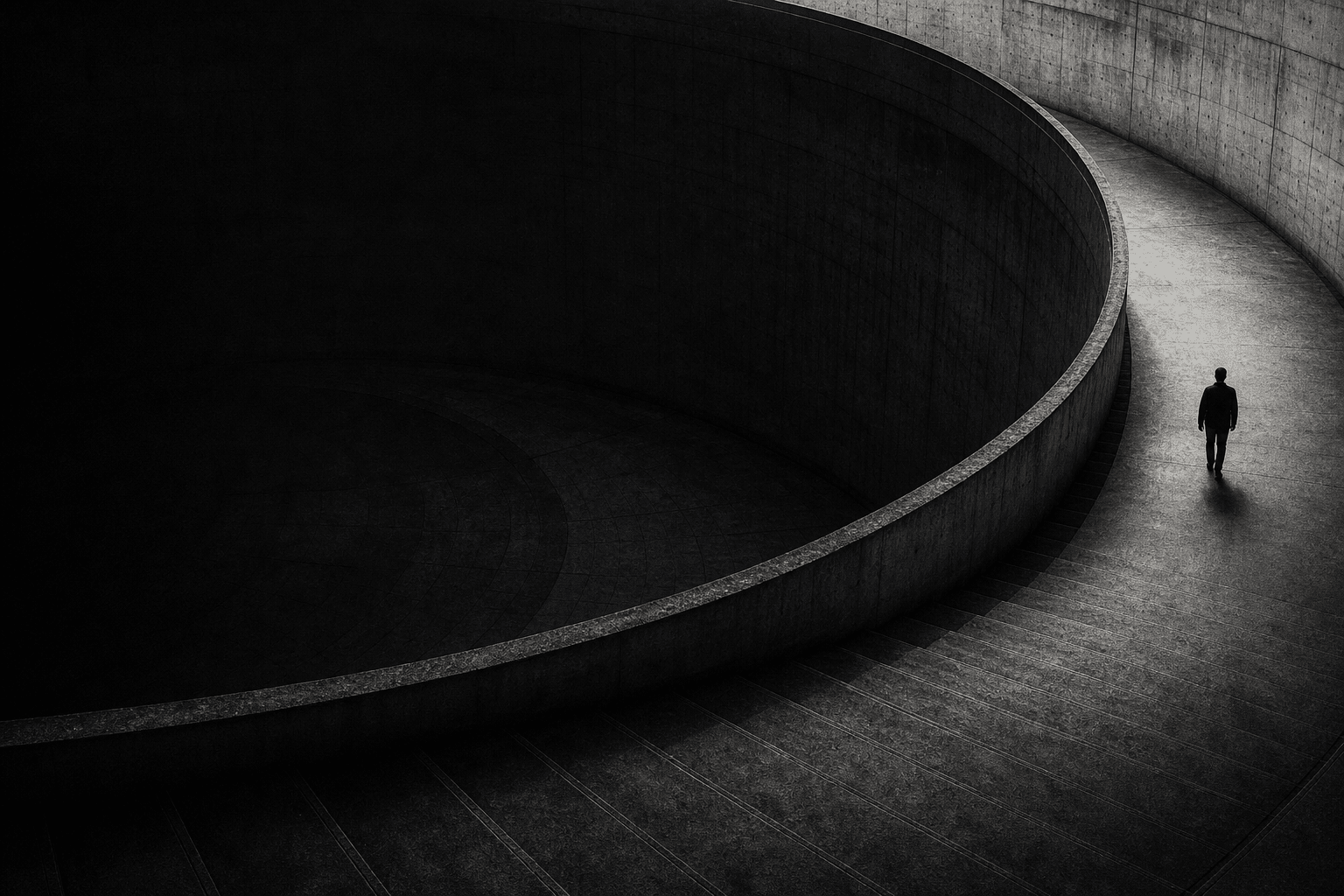 A lone figure walking a vast curved concrete structure, lit from one side. The paper trail, walked end to end.