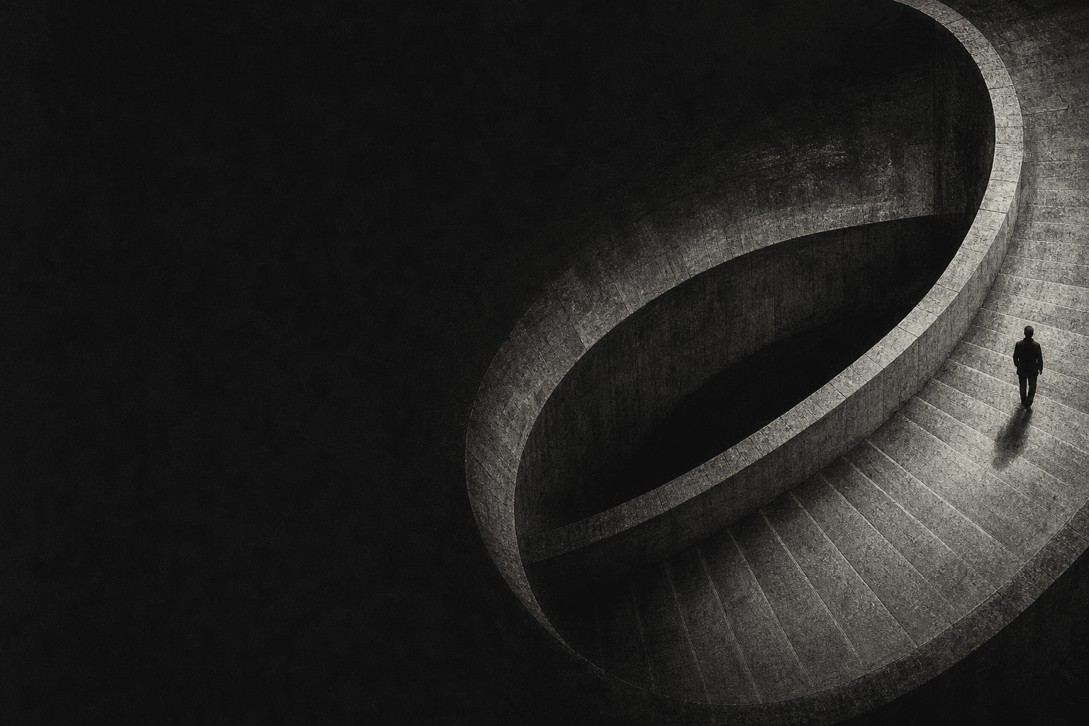 A lone figure descending a brutalist staircase, dissolving into ink. A HackZero engagement seen mid-flight.