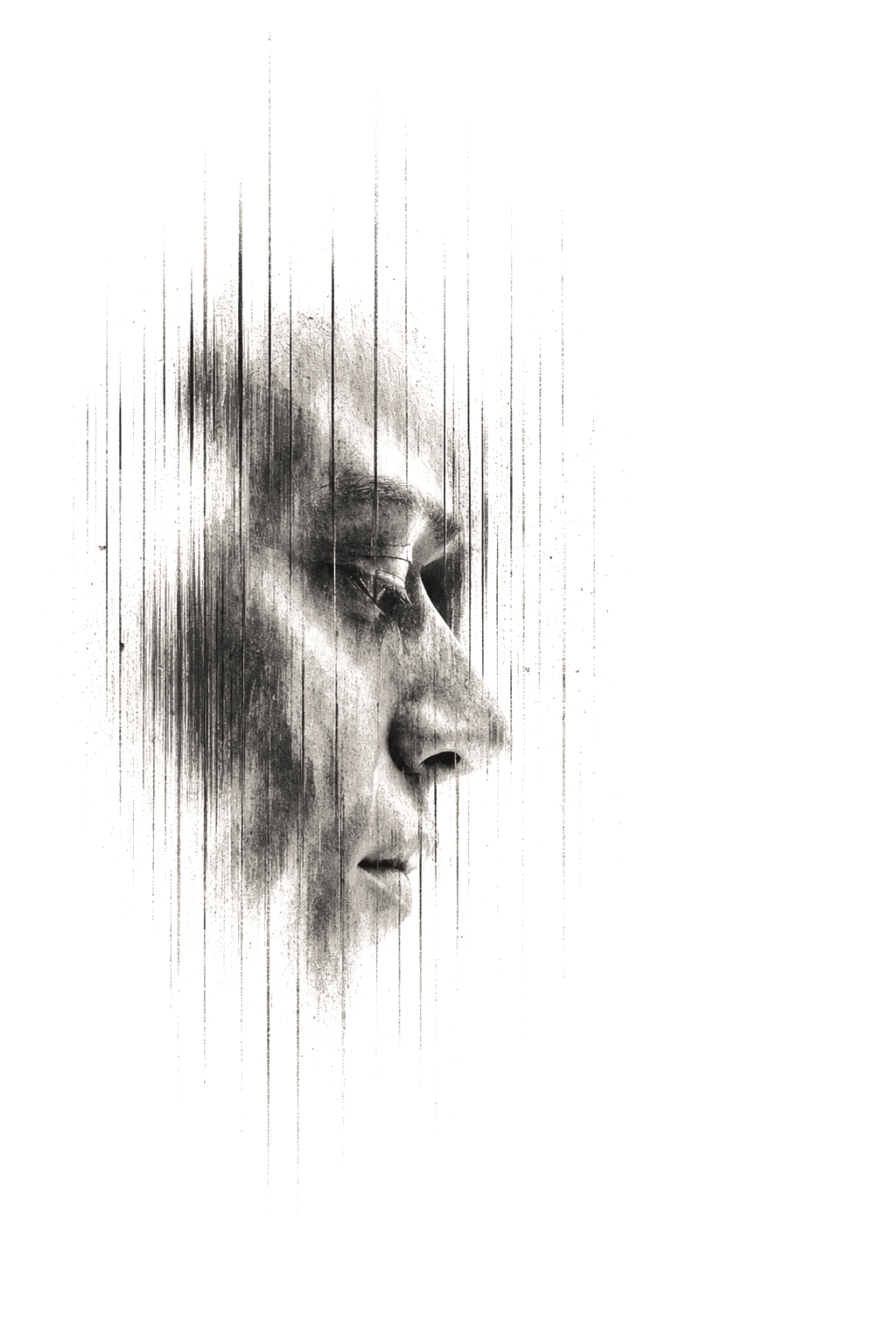 A charcoal portrait dissolving into vertical ink streaks: an outsider studying your application.