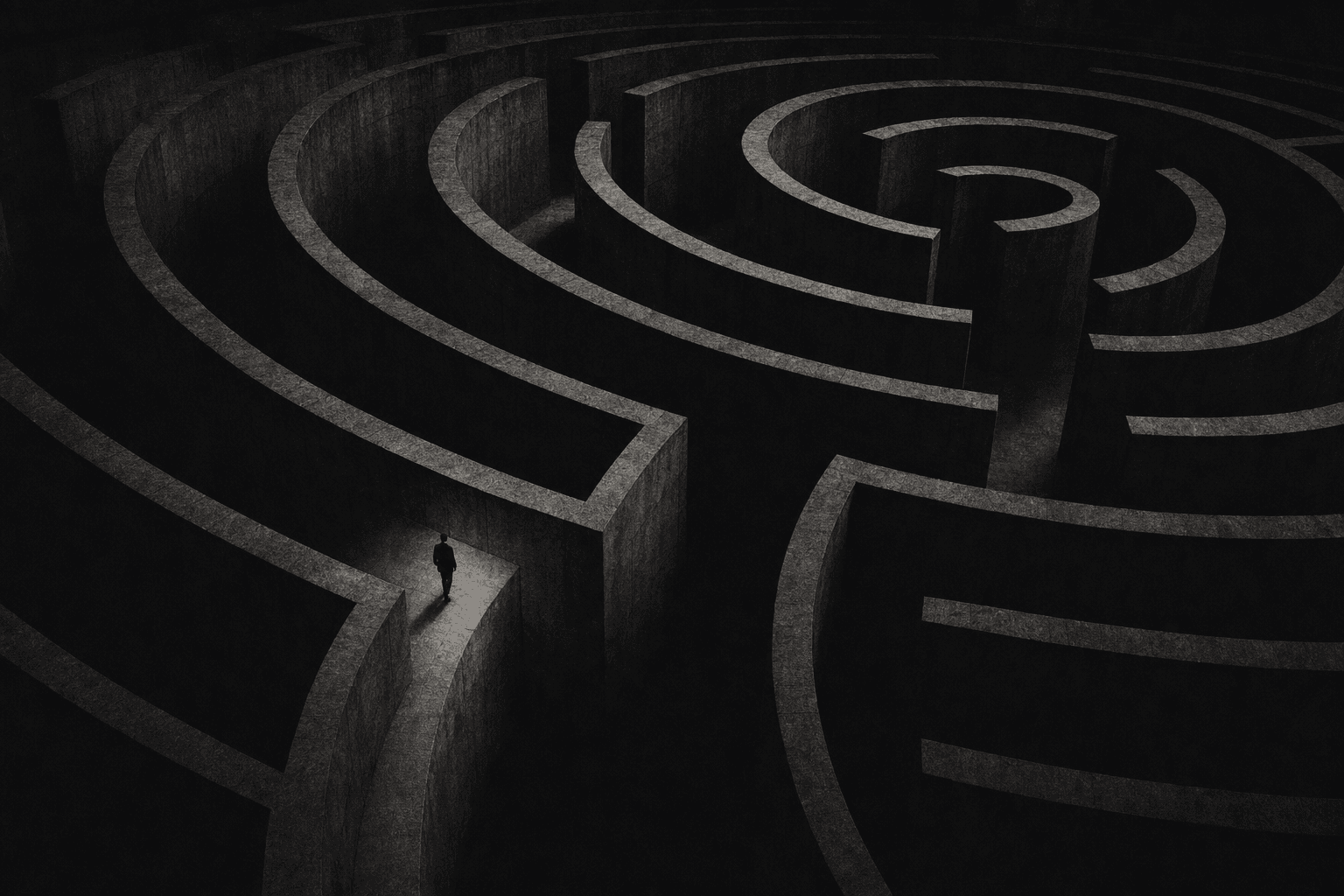 A top-down concrete labyrinth with a lone lit figure tracing one path. The exact route to the flaw.