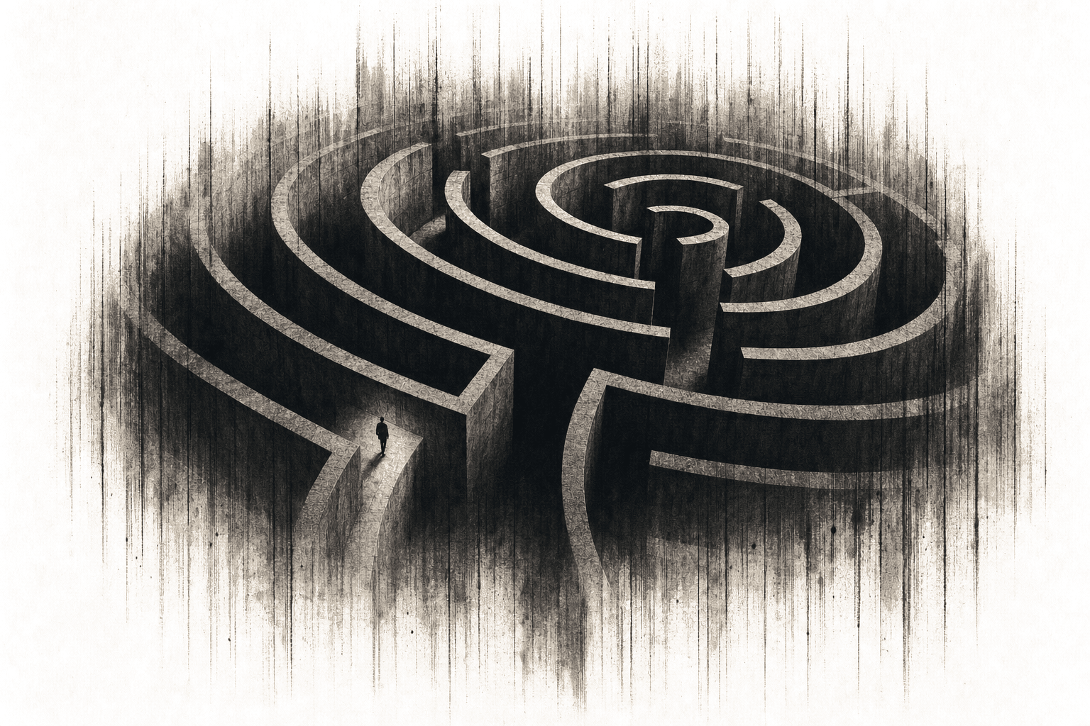 A brutalist concrete labyrinth painted on warm cream paper, dissolving into vertical ink streaks at its edges. A tiny figure walks one of its corridors. Controlled paths, defined scope.
