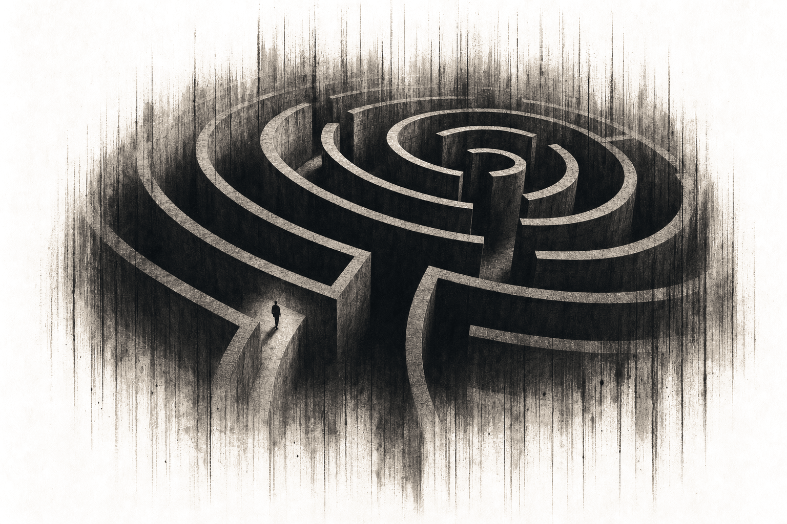 A brushed concrete labyrinth on warm cream paper, dissolving into ink. Your codebase, worked from where you already are.