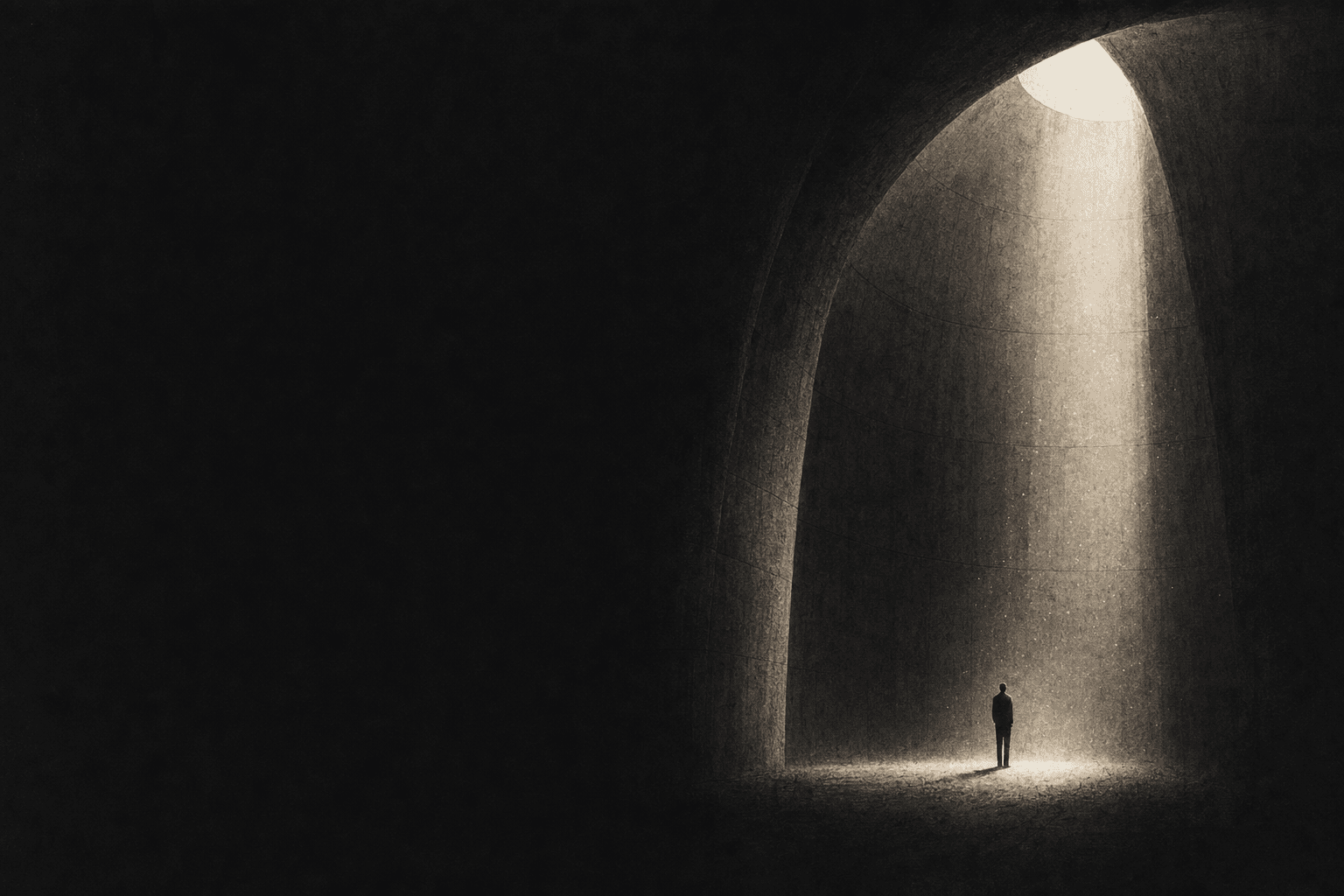A lone figure standing in a vast vaulted chamber lit from above. A bug, isolated and proven.