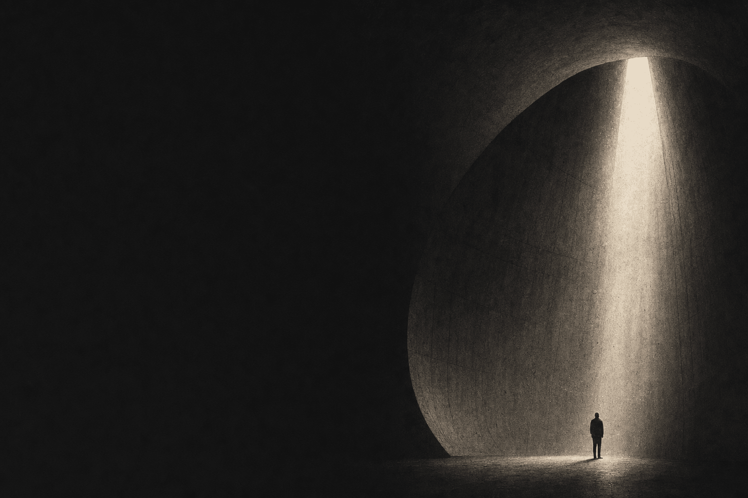 A lone figure in a vast vaulted chamber lit by a single beam. The whole loop, run from one place.