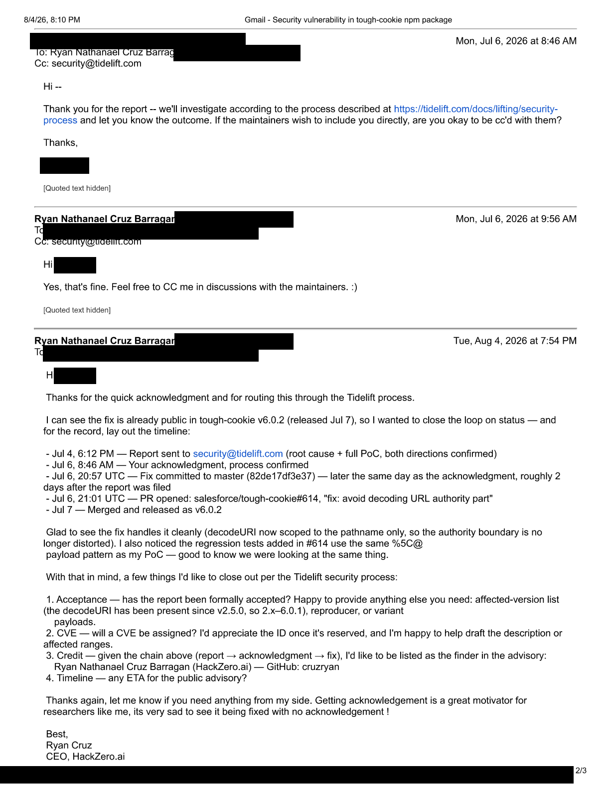 Screenshot of the reply chain showing the acknowledgment of the report, our agreement to be copied to the maintainers, and our follow-up requesting a CVE and credit, with names redacted